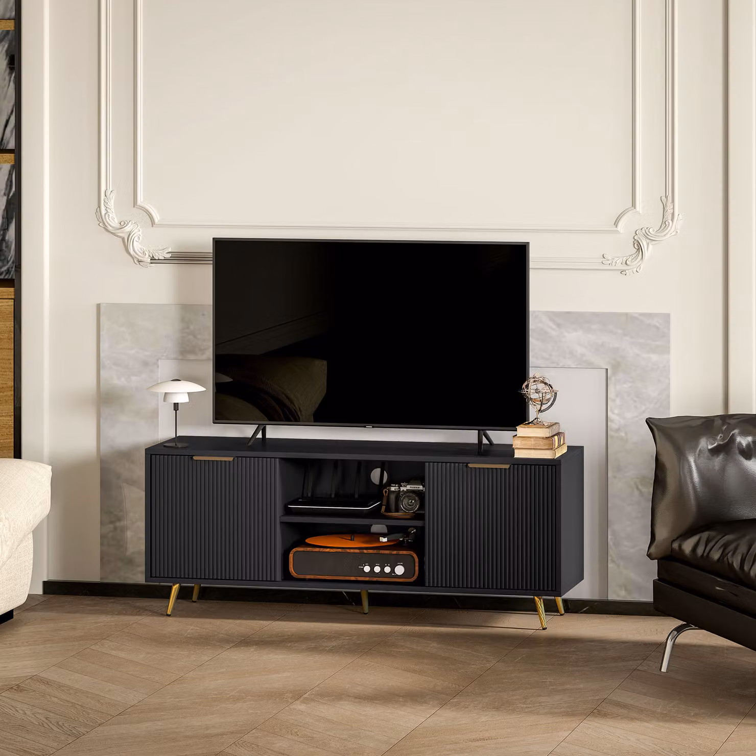 HOMCOM Modern Black TV Stand Cabinet for TVs up to 55 inch with 2 Open Shelves, 2 Cabinets and Cable Management – 7