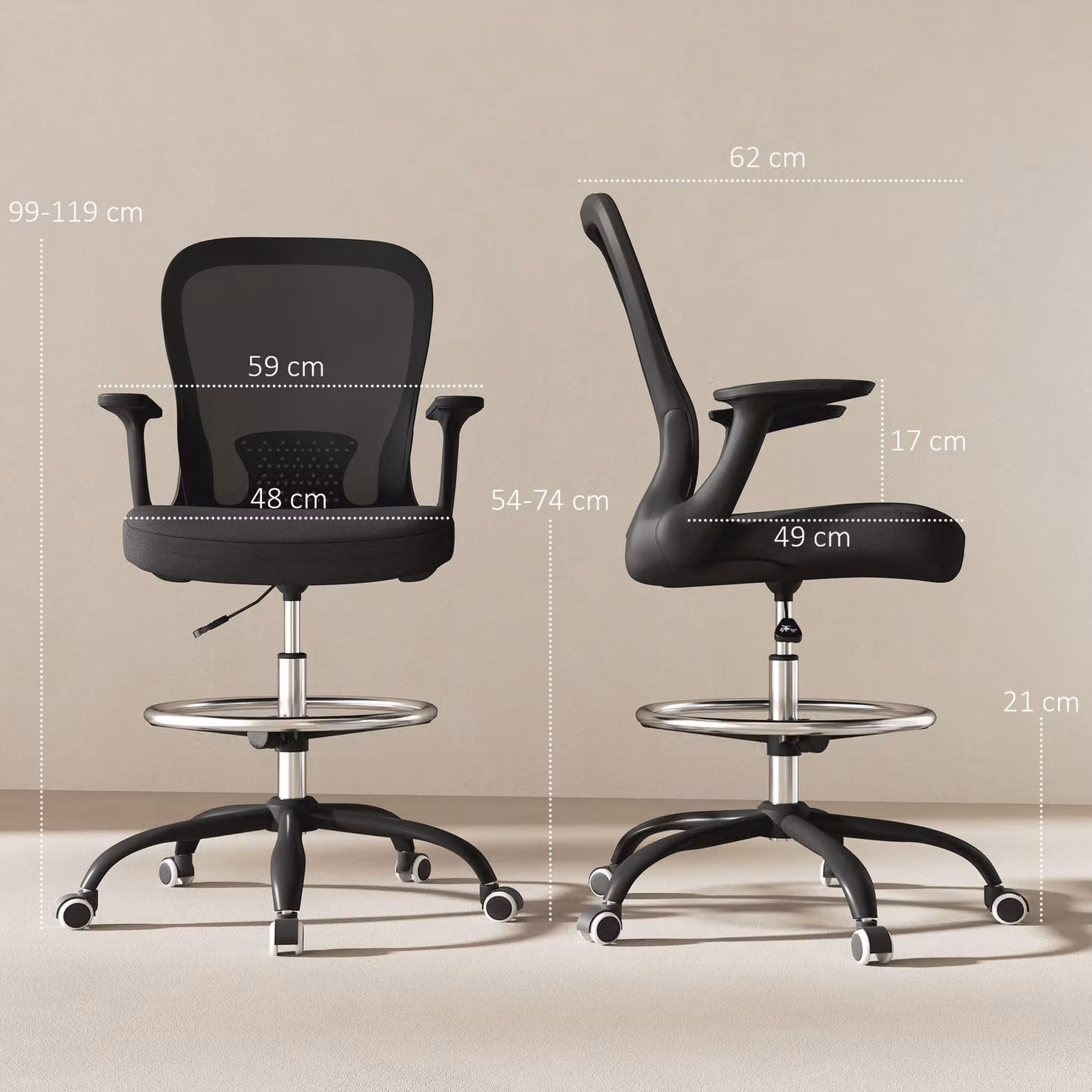 HOMCOM Black Fabric Ergonomic Drafting Chair with Flip-up Armrests, Foot Ring and Swivel Castors – 3