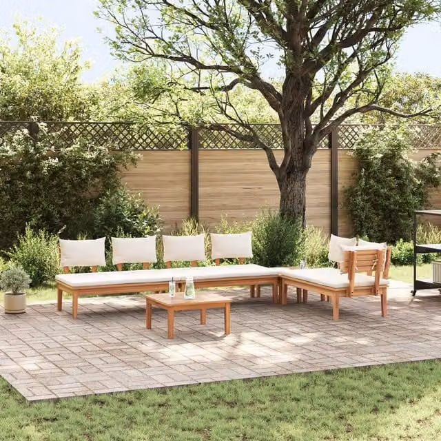 Berkfield Home 5 Piece L-Shape Garden Dining Set with Cushions in Brown Solid Teak Wood – 1