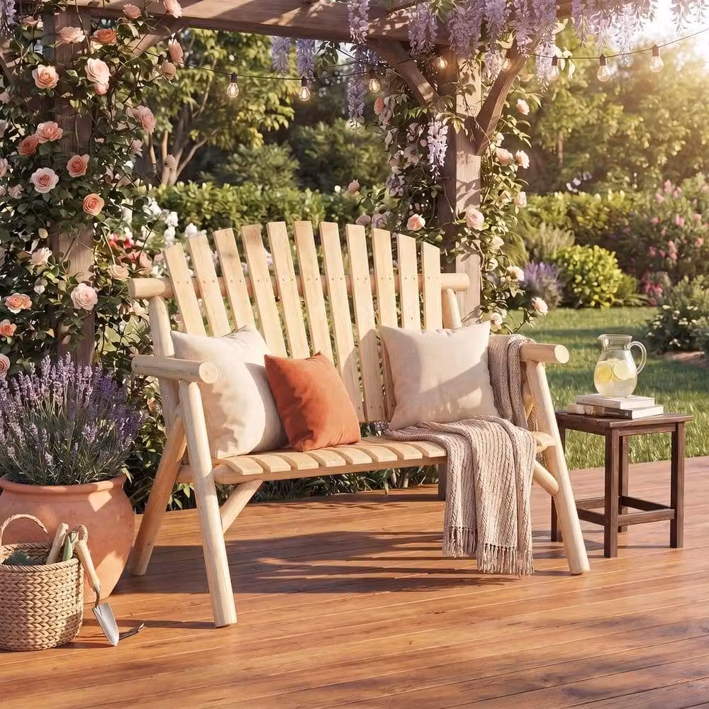 KORVIXA Solid Wood Outdoor Loveseat in Natural Brown and Beige, W/D/H: 100 x 100 x 100 cm – 3
