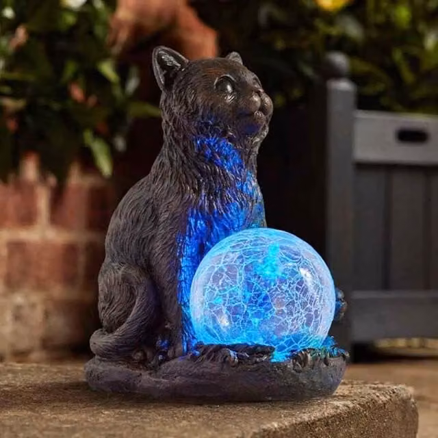 Marco Paul Grey Resin Cat Solar Powered Garden Ornament with Crystal Ball LED Light