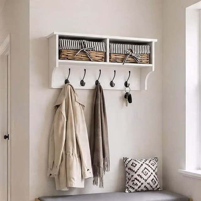 Home Source Radcliffe Wall Mounted Coat Rack with Wicker Baskets and Top Storage Shelf in White