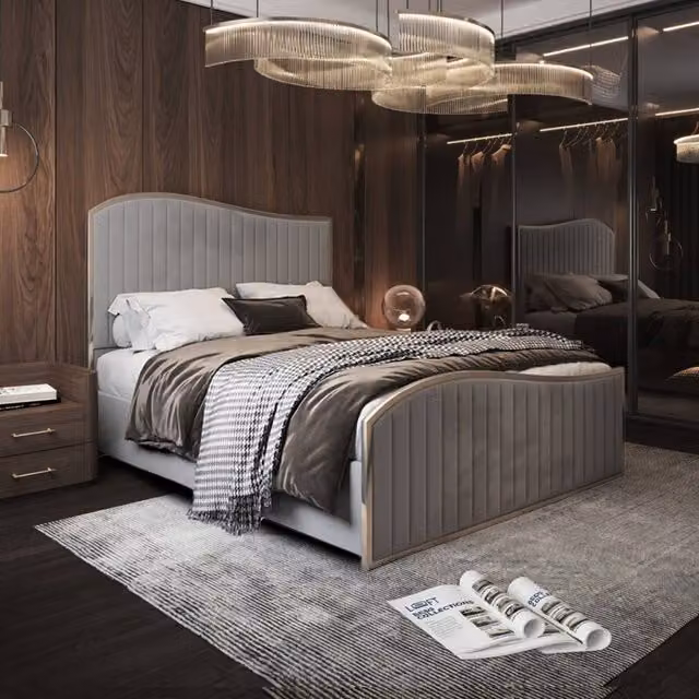KDMD Hurstpierpoint Double Designer Bed Frame in Grey Upholstered Velvet and Metal, W/D/H: 140 x 200 x 137 cm