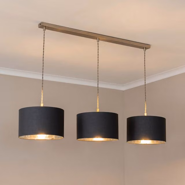 ValueLights Reni 3 Drop Bar Metallic Shade Pendant Ceiling Light in Brushed Chrome and Charcoal Grey with Bulbs Included