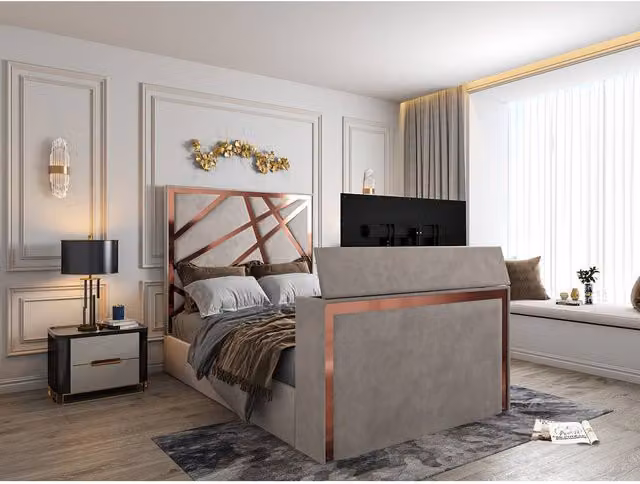 KDMD Morgan Upholstered Soft Velvet TV Bed Frame in Light Sand, Super King, W/D/H: 200 x 200 x 189 cm