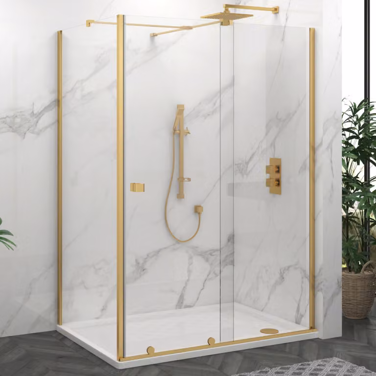 Royal Bathrooms Luton Sliding Wet Room Shower Screen Door with Side Panel, Brushed Brass, W: 130 cm, D: 70 cm, H: 195 cm, 8mm Easy Clean Glass