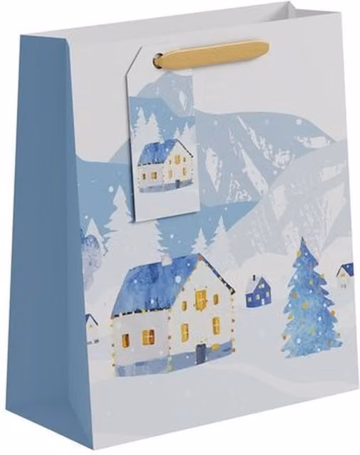 Kingsbury Gifts Medium Snowy House Scene Christmas Paper Gift Bags in Red and Blue