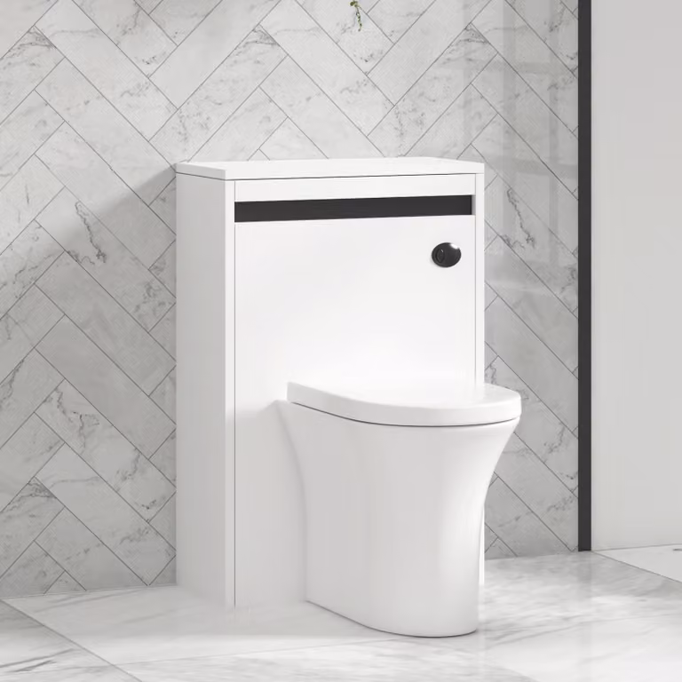 Royal Bathrooms Orion 540mm Matt White Back to Wall WC Unit with Breeze Rimless Ceramic Toilet Pan, Soft Close Seat and Cistern with Black Accent Trim
