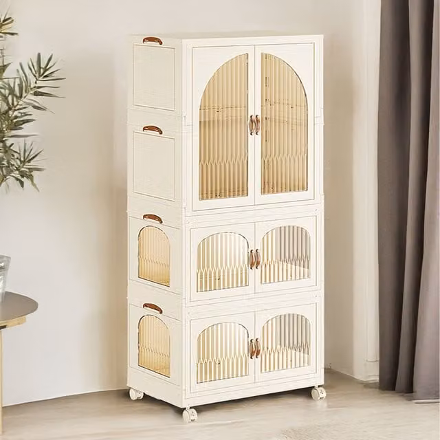 Komore White Foldable Wardrobe for Children's Rooms with Hinged Doors and Hanging Rod, Height: 155 cm