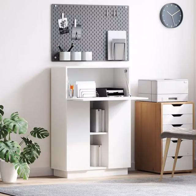 Berkfield Home White Modern Writing Desk with Enclosed Cabinet and Lift Mechanism
