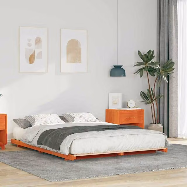 Berkfield Home Solid Pine Wood Bed Frame in Wax Brown, W: 140 cm, L: 220 cm – 1