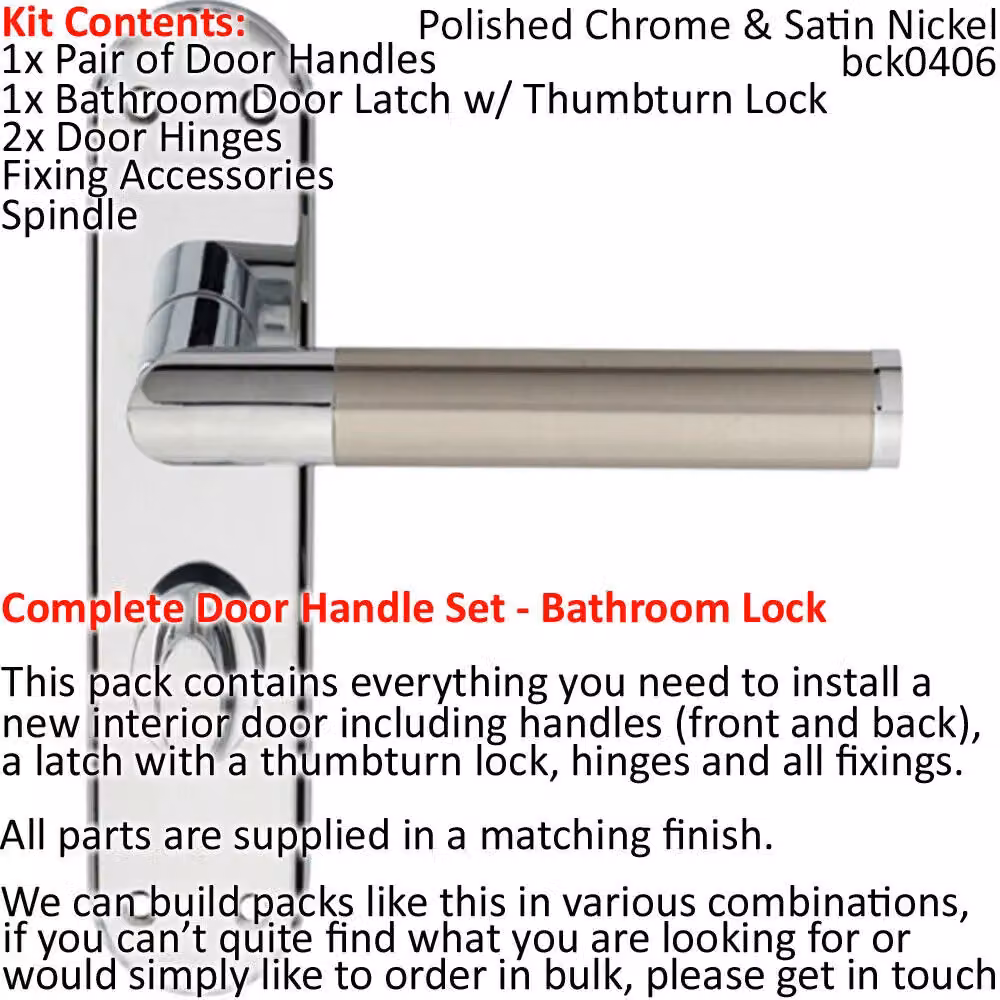 Loops Door Handle and Bathroom Lock Pack in Chrome and Satin Nickel with Modern Flat Backplate – 2
