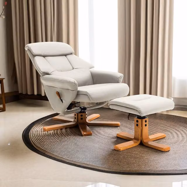 Livingandhome Modern Swivel Relax Recliner Chair with Ottoman in White and Brown Synthetic Leather