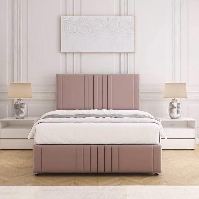 BSSPOKE Hazel Small Double Divan Bed Set with 24 inch Plush Velvet Headboard and Mattress in Pink, W/D/H: 120 x 200 cm