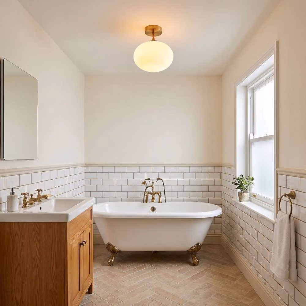 Happy Homewares Oval White Glass Globe Bathroom Ceiling Lamp in Antique Brass and Gold – 2