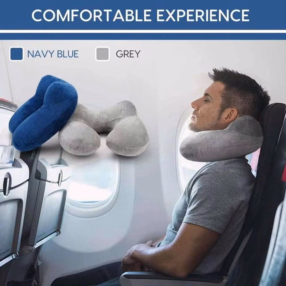 Spetlek Navy Blue Inflatable U-Shaped Neck Pillow for Adults with Soft Velvet Breathable Fabric – 2