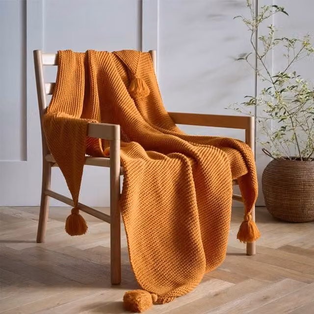 Portfolio Home Copenhagen Knitted Tassels Throw Blanket in Orange, W: 127 cm, D: 152 cm