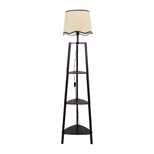 ValueLights Matt Black Wooden 3 Tier Shelf Floor Lamp with Scallop Shade and Included LED Bulb