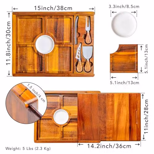 BlauKe Bamboo Cheese Board and Tool Set in Brown and Black, Diameter: 38 cm – 6