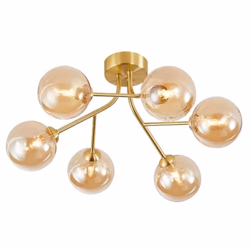 Happy Homewares 6-Arm Modern Ceiling Light Fixture in Gold with Amber Transparent Glass Shades, W/D/H: 44 x 44 x 22 cm