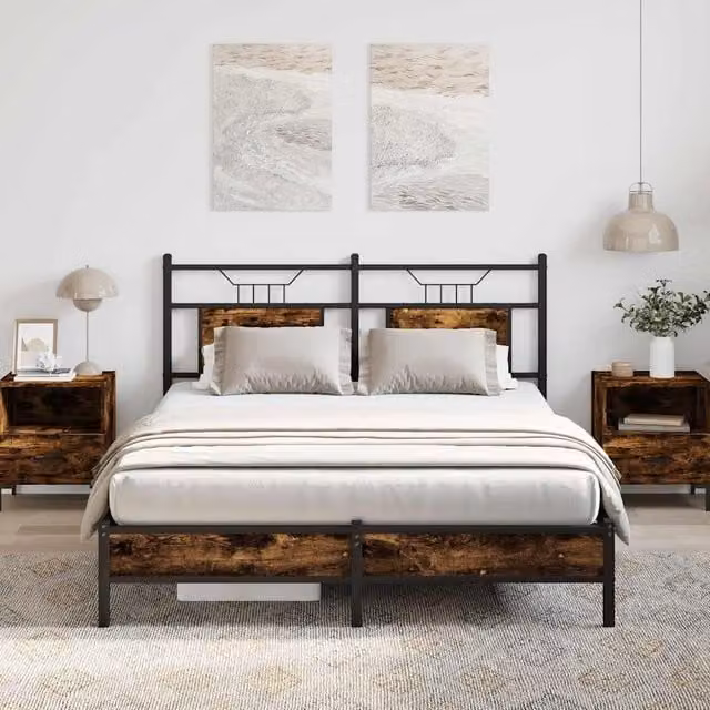 Berkfield Home Smoked Oak Bed Frame in Brown, Engineered Wood, W/D/H: 140 x 190 cm