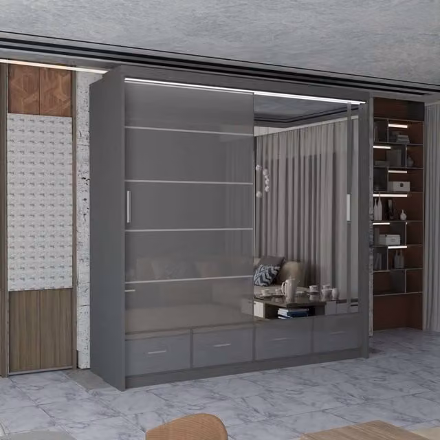 MN Furniture Grey High Gloss Sliding Mirrored Wardrobe with Integrated LED Lighting W: 203 cm, H: 220 cm