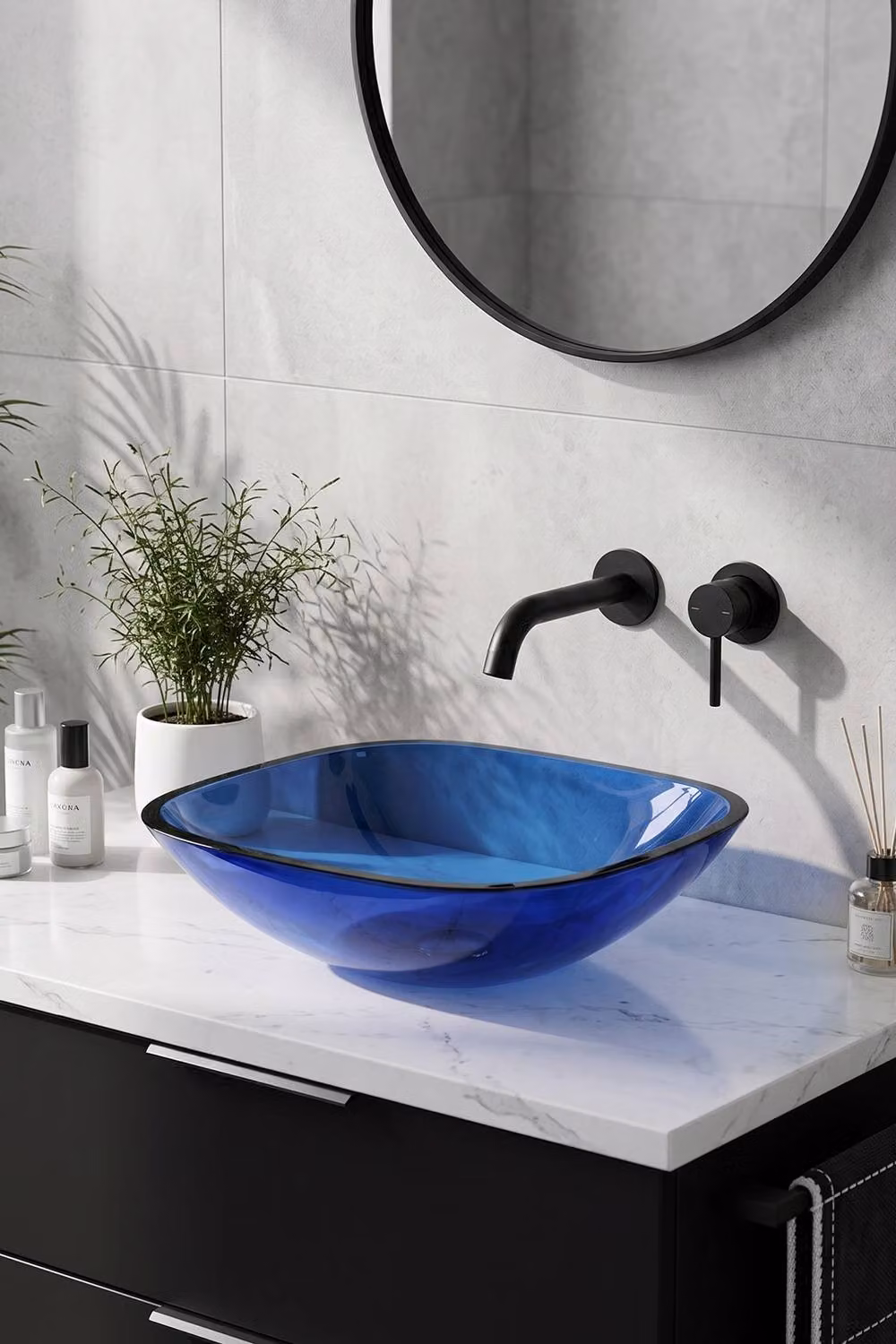 Living and Home Blue Glass Topmount Vessel Sink Vanity – 4