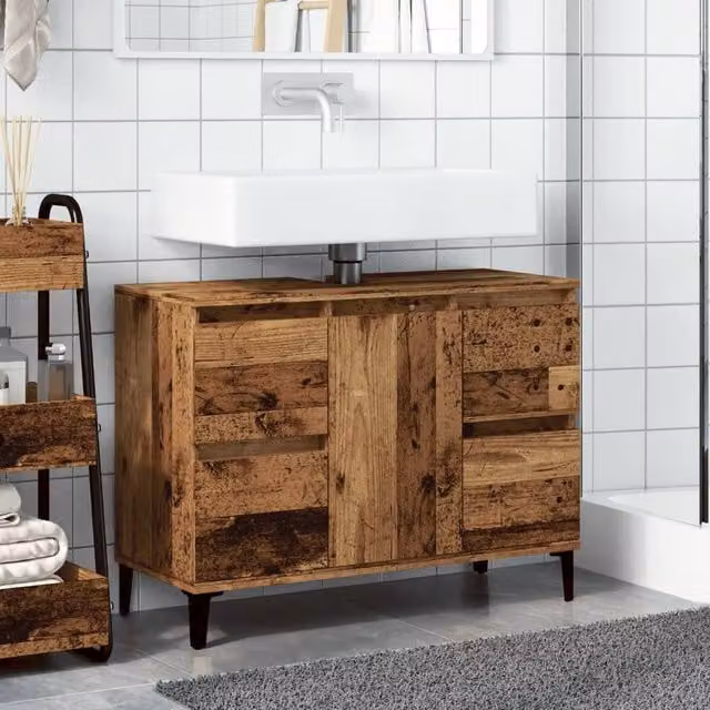 Berkfield Home Sink Cabinet in Old Wood Brown, W/D/H: 80 x 33 x 60 cm