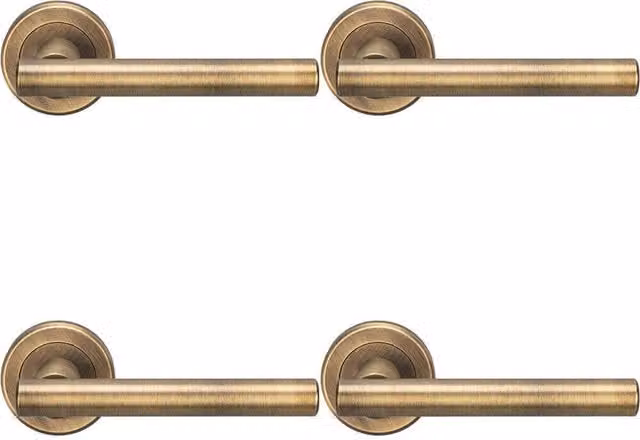 Loops 4x Pair Straight T Bar Handles on Round Rose with Concealed Fixings in Antique Brass