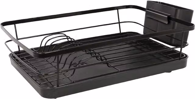 Harbour Housewares Metal Dish Drainer Rack with Drip Tray and Cutlery Holder, Black