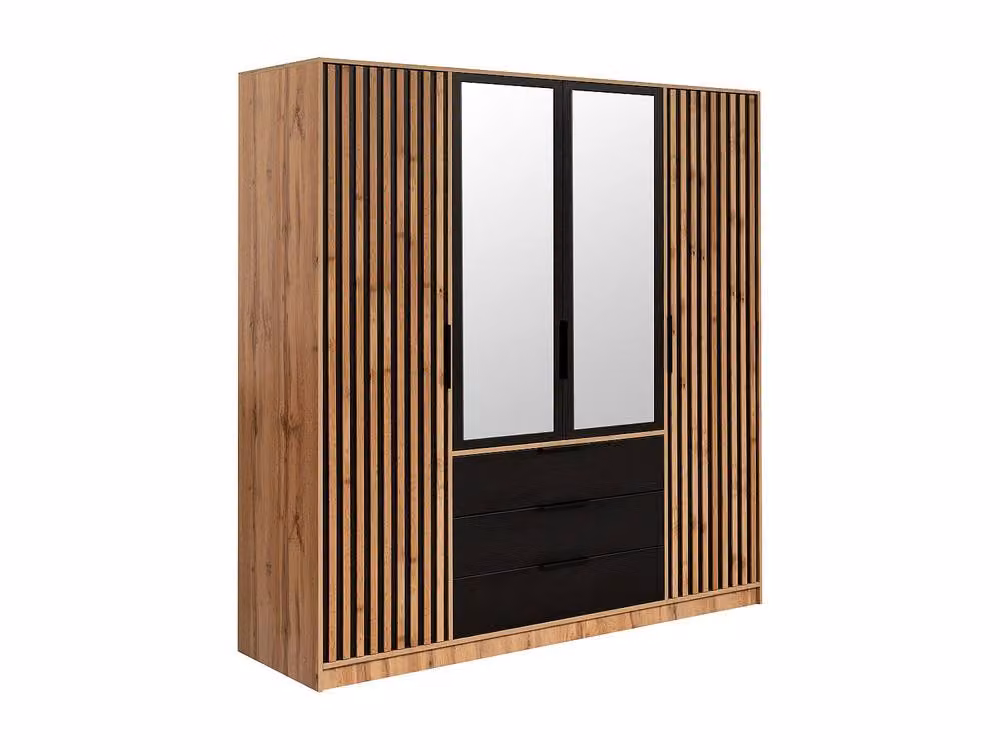 Vente-unique 4-Door 3-Drawer Wardrobe with Mirror in Black, W: 196 cm – 2