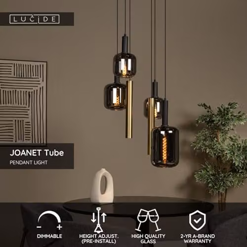 Lucide Joanet Suspended Pendant Light in Brass and Transparent Glass, Diameter: 65 cm – 2
