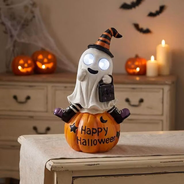 Garden Greatness LED Light-Up Ghost Pumpkin Ornament, White and Multicolour Plastic Tabletop Halloween Decoration