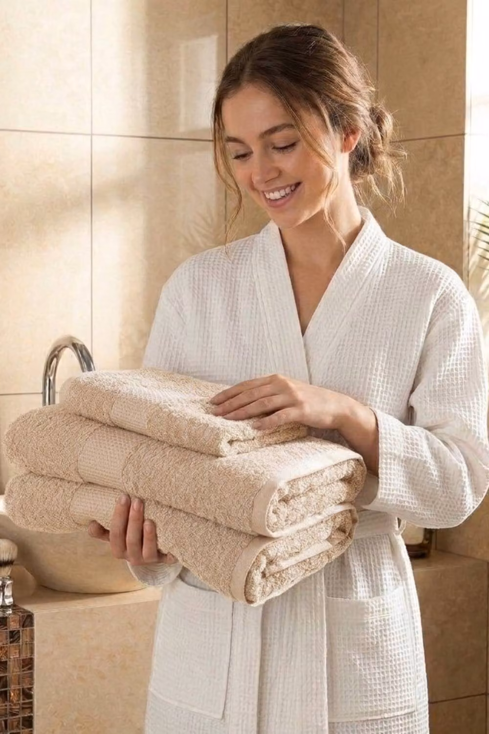 Dyzi Supersoft Absorbent Egyptian Cotton Terry Bathroom Towels, 550GSM, Beige – 2
