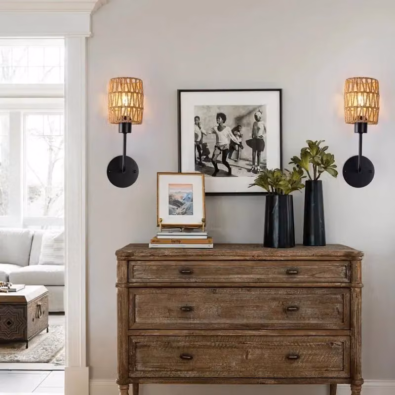 Garwarm Set of 2 Brown Farmhouse Rattan and Metal Dimmable Armed Wall Sconces – 2