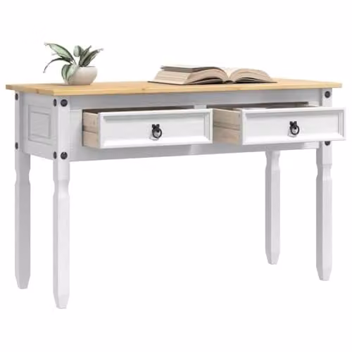 vidaXL CORONA White End Table in Solid Pine Wood, W/D/H: 115 x 46 x 73 cm
