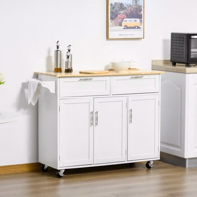 HOMCOM Modern White Wood Kitchen Island Utility Cart with 2 Storage Drawers and Cabinets