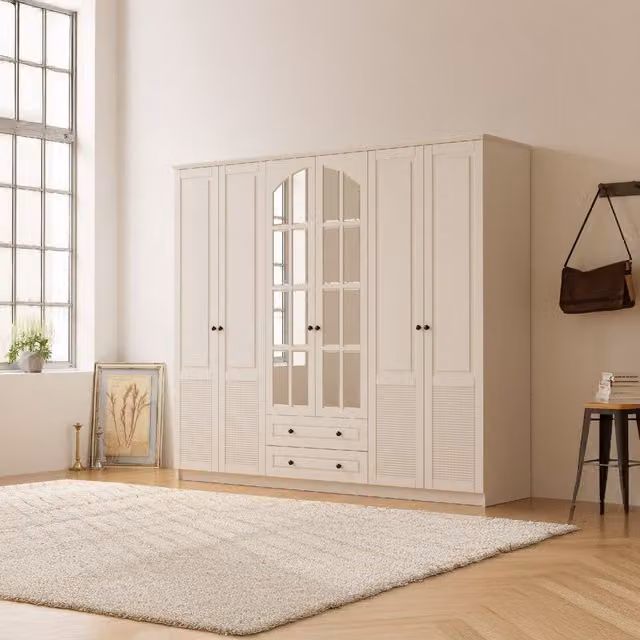EVUHOME Elise XL White Mirrored Wardrobe with 6 Doors and 2 Integrated Drawers, H 210 cm x W 52 cm x D 52 cm