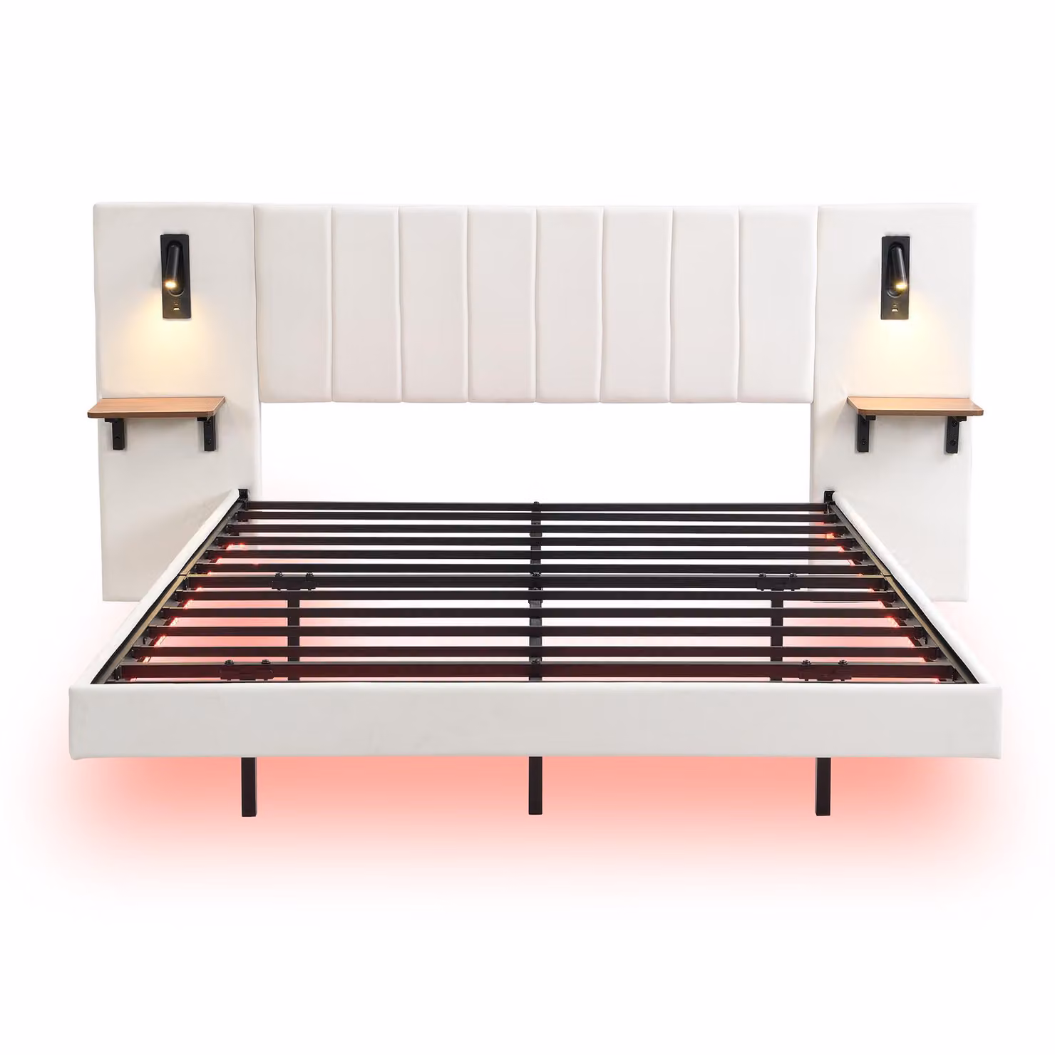 Aosom.UK White Velvet Upholstered Double Bed with Headboard, USB Charging Port, Integrated Reading Lights and Bedside Shelves, H 103.5 x W 209 x D 222 cm – 2