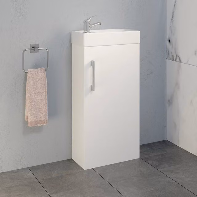 Bathwell White Glossy Modern Freestanding Cloakroom Vanity Unit with Soft Close Hinged Doors and Internal Shelves