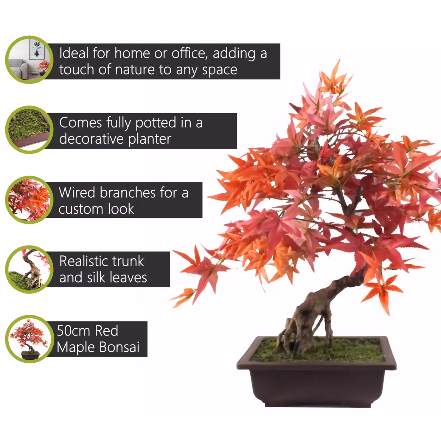 Pegdev 50cm Artificial Red Maple Bonsai Tree with Decorative Planter in Red and Brown – 2