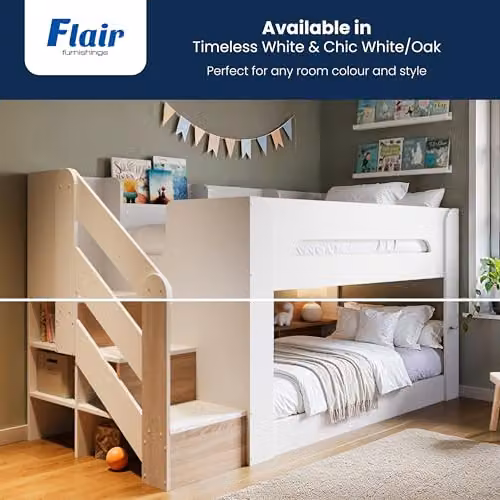 Flair Furnishings White Double Bunk Bed for Children with Staircase Storage and Side Compartments – 4