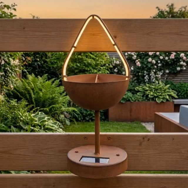 Garden Greatness Hanging Rustic Solar Flower Planter in Brown Metal with Warm White LED