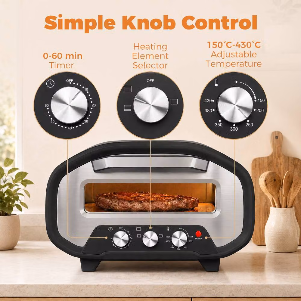 HOMCOM 12 Inch Electric Countertop Pizza Maker with 2200W Power and 3 Knob Control in Grey and Black – 5