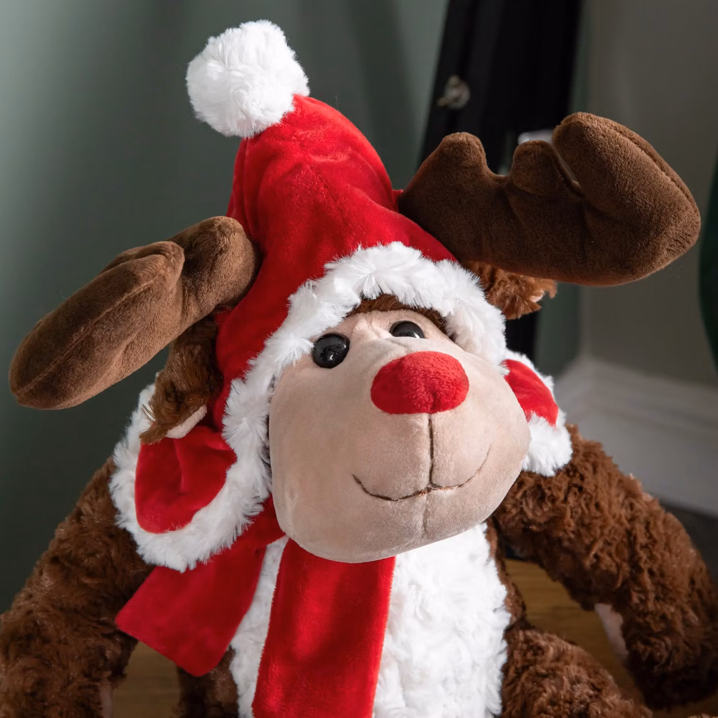 Samuel Alexander Brown Sitting Plush Christmas Reindeer with Red Hat and Scarf, Height: 30 cm – 3