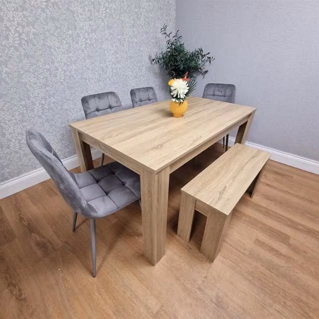 Kosy Koala Oak Dining Set with Rectangular Table, Bench and Grey Chairs