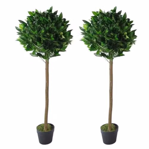 Leaf Design UK Pair of Artificial Green Round Bay Topiary Ball Trees, Height: 120 cm