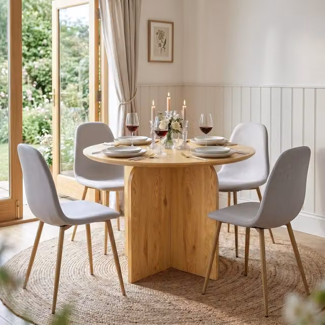 NYX Dining Set with Round Wood Effect Table and Beige Linen Chairs