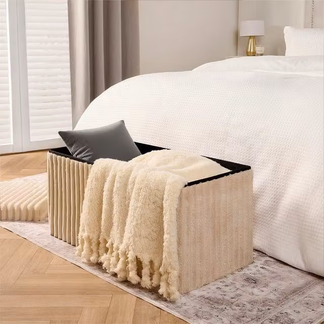 Groundlevel Faux Fur Ribbed Rectangular Ottoman Storage in Beige