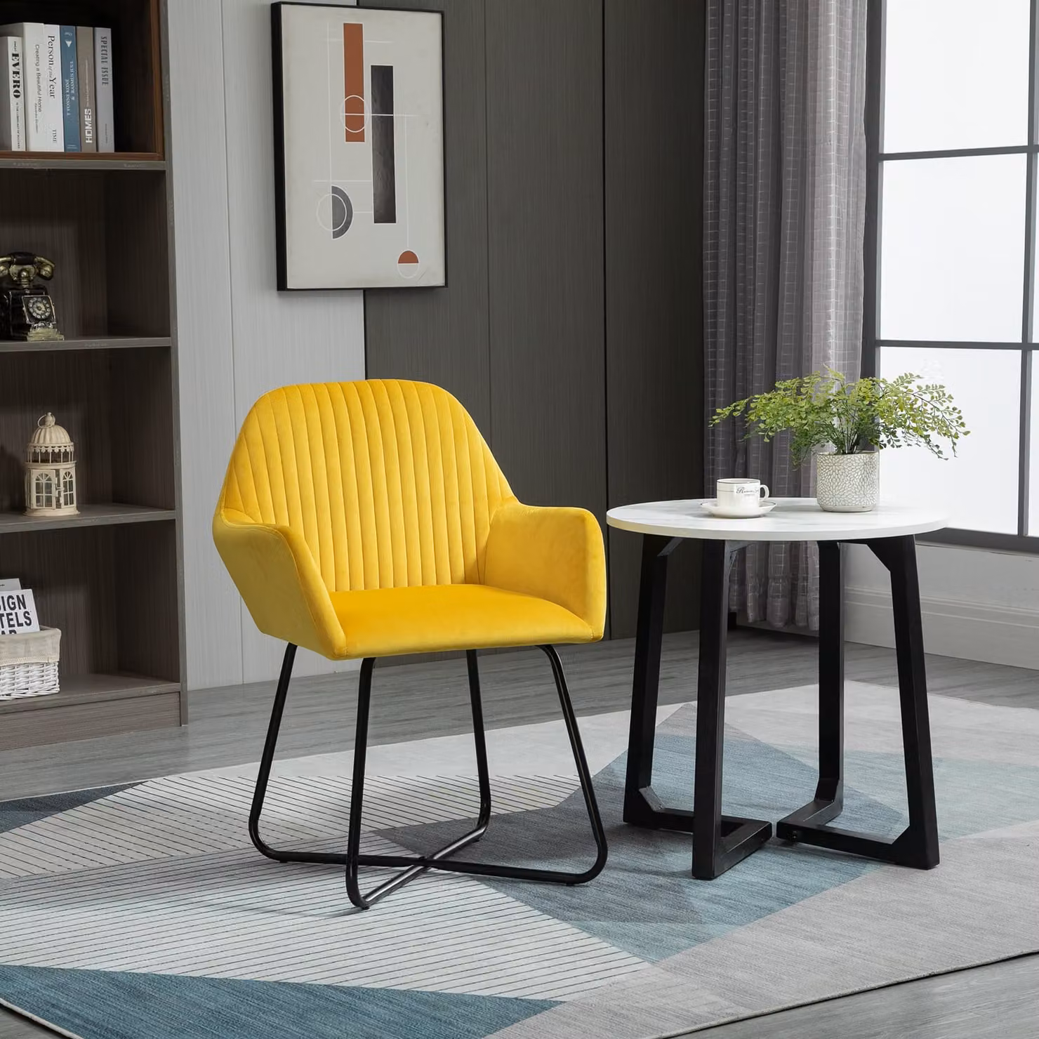 HOMCOM Modern Yellow Velvet Upholstered Armchair with Metal Base – 2